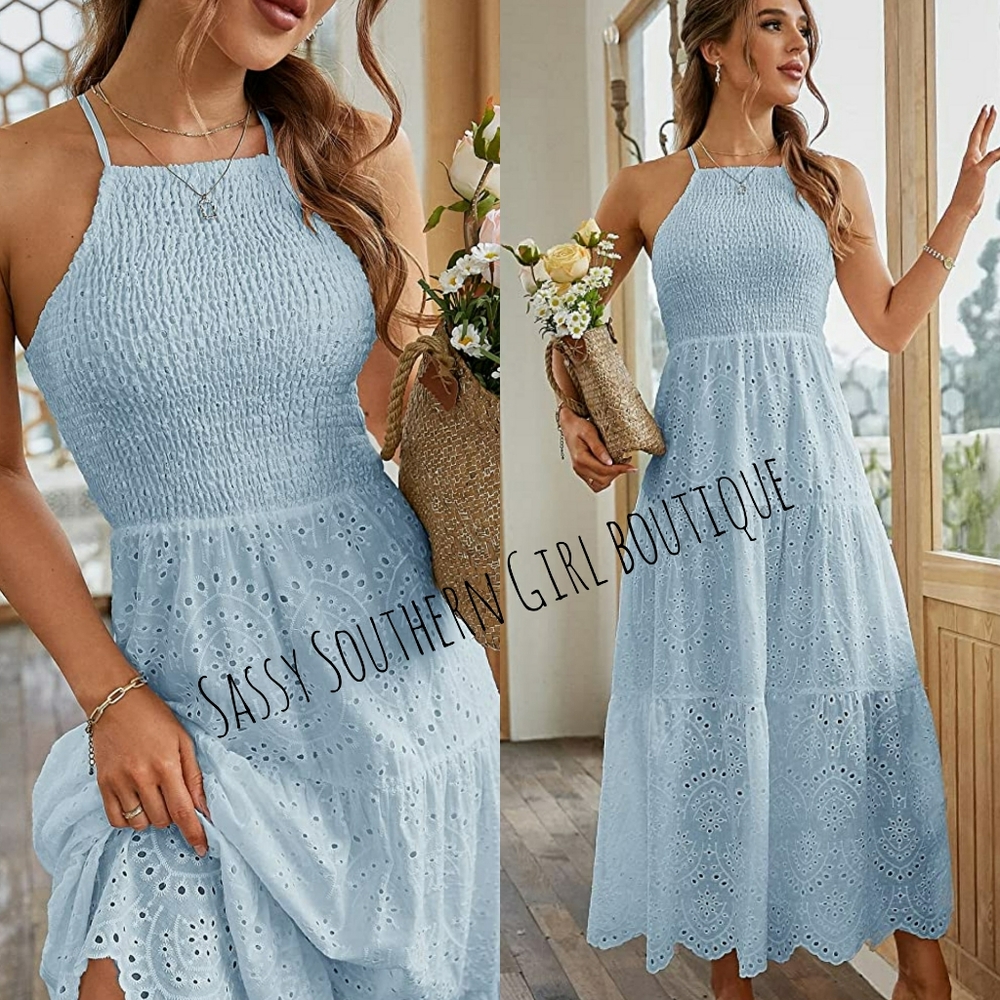 🆕⭐Baby blue eyelet smocked maxi dress